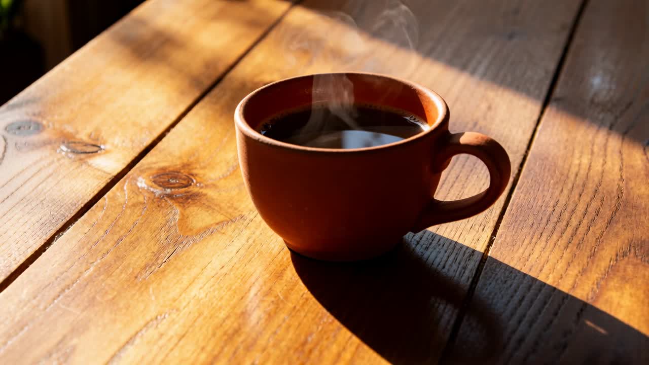 La luce del sole che si sposta, una tazza di argilla appoggiata su un'asse, vapore che sale, la telecamera si centra, mettendo in risalto le venature.