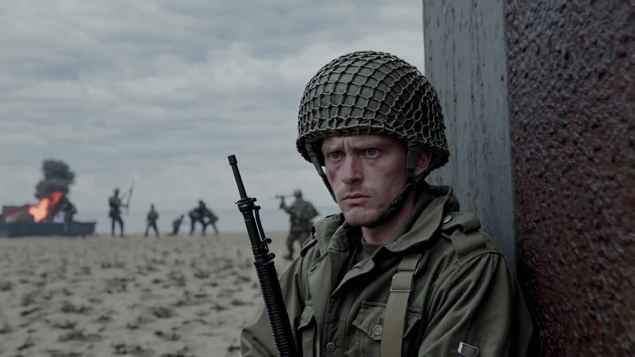 World War II battle scene featuring soldier scanning battlefield, gripping weapon while combat rages with explosive background, depicting intense military engagement