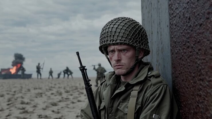 World War II battle scene featuring soldier scanning battlefield, gripping weapon while combat rages with explosive background, depicting intense military engagement