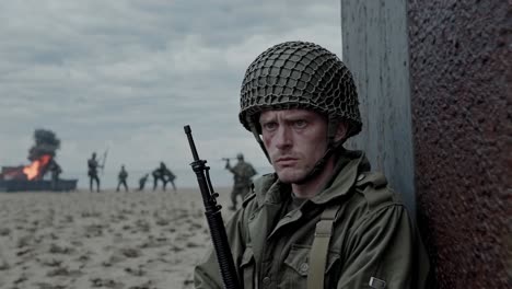 world war ii battle scene featuring soldier scanning battlefield, gripping weapon while combat rages with explosive background, depicting intense military engagement