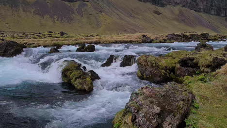 Glacial-River-Rapids-Under-Volcanic-Hills-of-Iceland,-Panorama