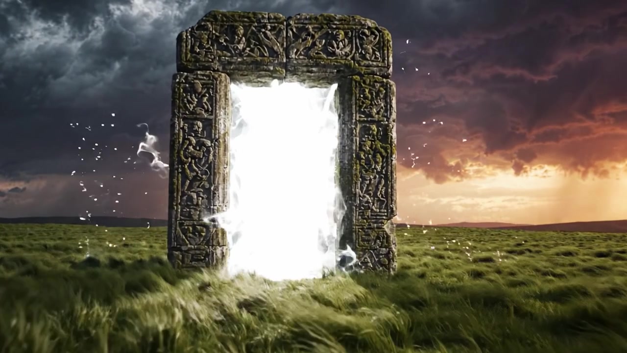 Um Portal Misterioso: Uma Passagem Luminescente se Ergue em uma Paisagem Dinâmica, Rodeada por Nuvens de Tempestade Escurecendo e Cores Vibrantes do Crepúsculo