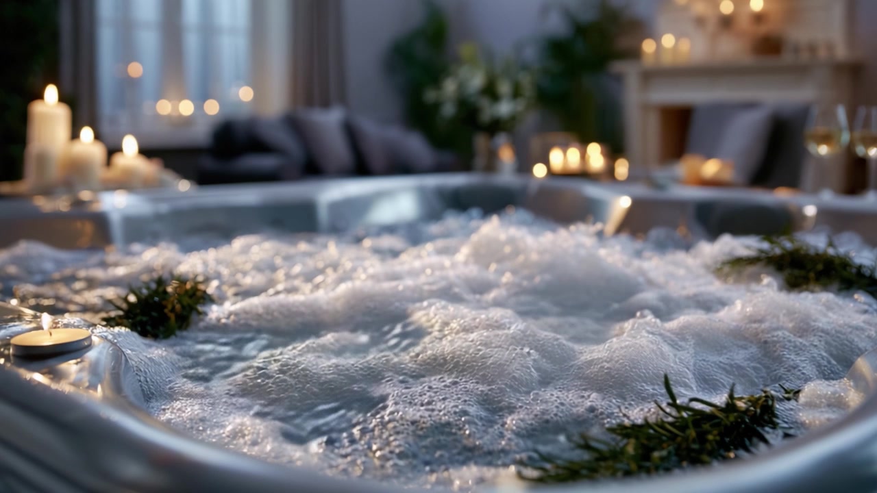 Esperienza rilassante in spa: Una vasca idromassaggio lenitiva piena di bolle, circondata da candele e arredi accoglienti per un perfetto ritiro di tranquillità.