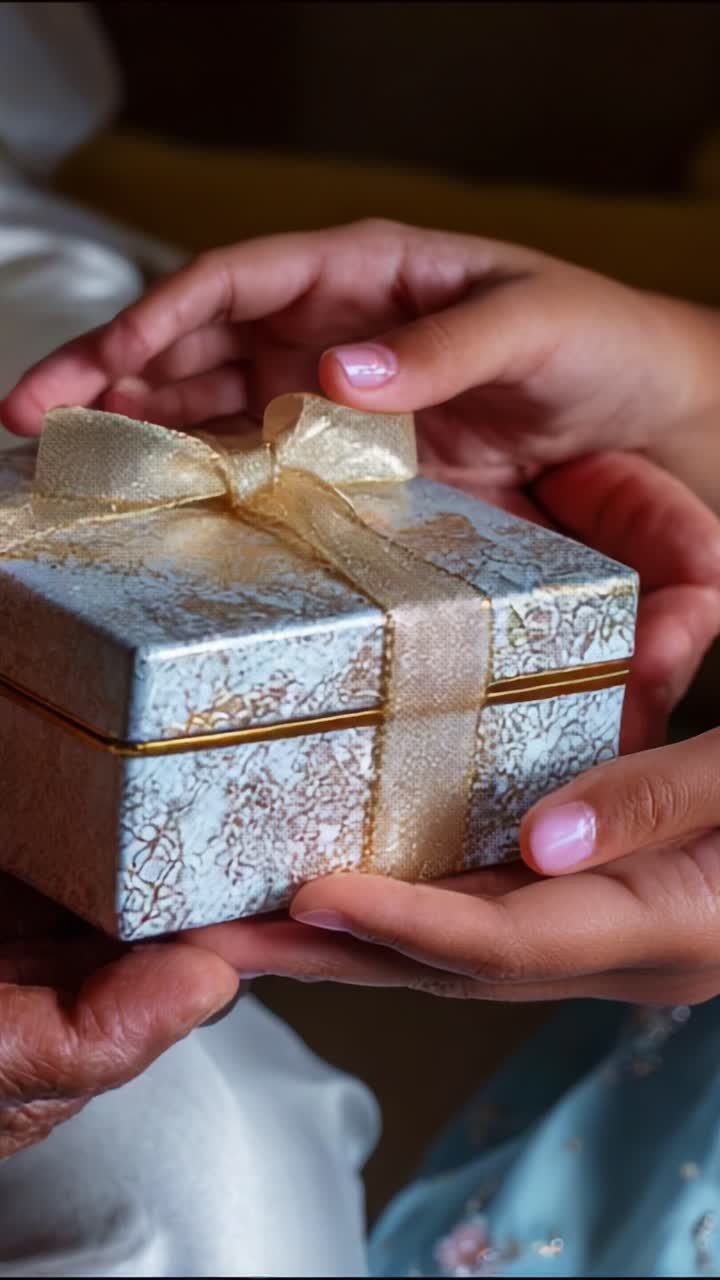 A Heartwarming Exchange: The Joyful Moment of Handing Over a Beautifully Wrapped Gift Between Generations, Capturing the Love and Anticipation of Unforgettable Memories to Come