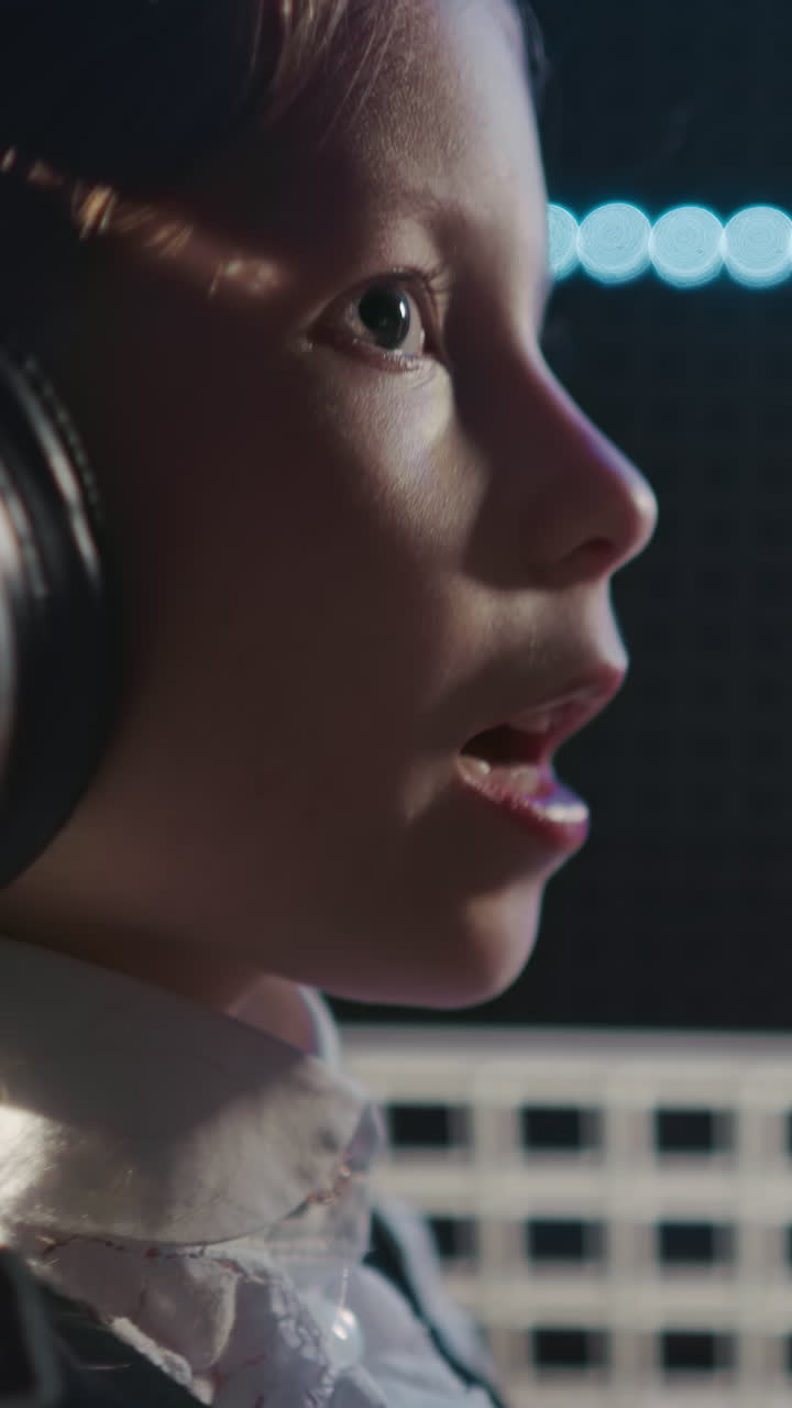 una niña practica el canto de cerca. un niño talentoso con auriculares muestra su destreza vocal en el estudio de grabación. un adolescente hábil interpreta una canción