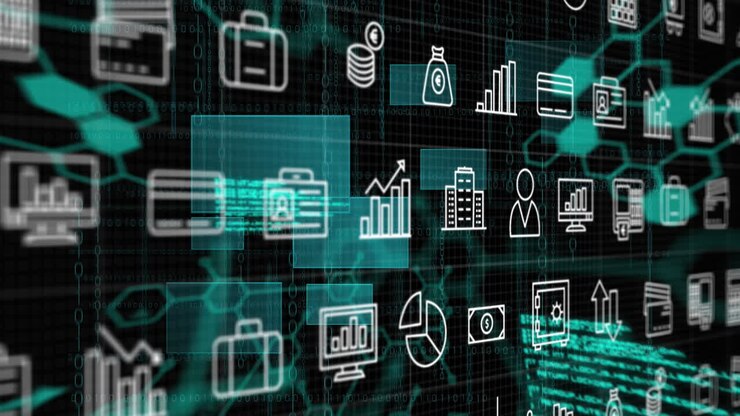 animation mehrerer ikonen, sechsecken, computersprache und rechtecke auf schwarzem hintergrund