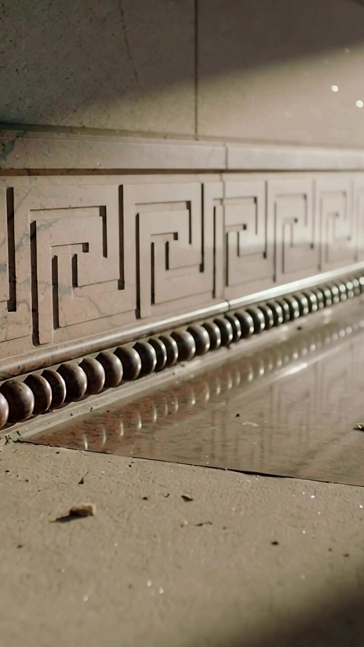 Vertical video: Light shifting, panning floor camera revealing carved frieze in hall