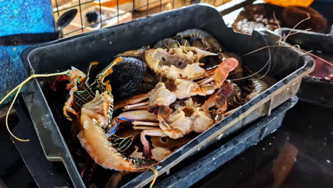 closeup view of a shellfish basket with a woman's hands working in the background at a local fish market in weligama sri lanka during summer vacation
