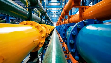 a row of pipes in a large industrial building