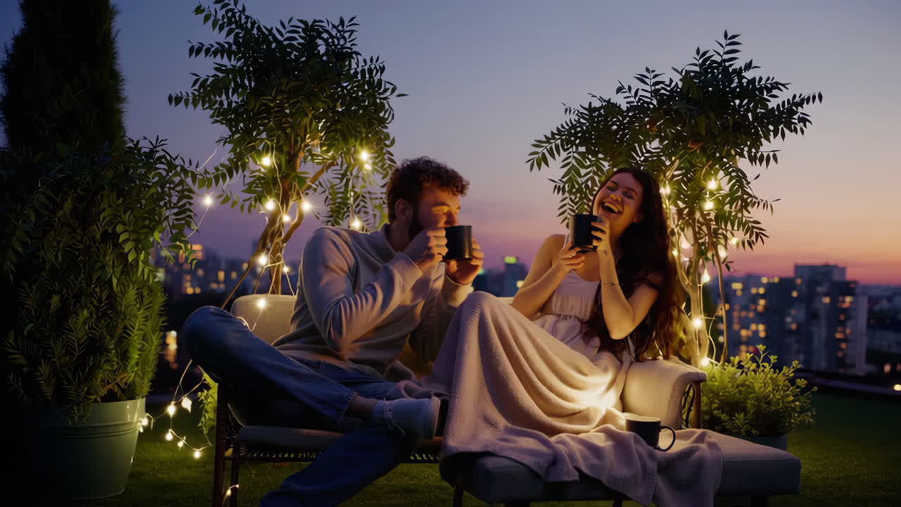 Couple enjoying drinks on a rooftop at sunset