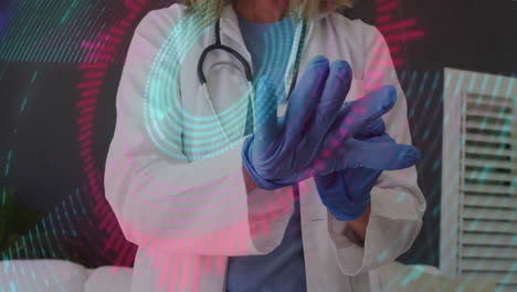 Female doctor pulling on gloves, adjusting stethoscope in clinic, displaying data visuals overlay