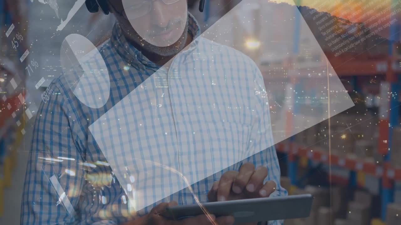 animación del procesamiento de datos financieros sobre el hombre que trabaja en el almacén