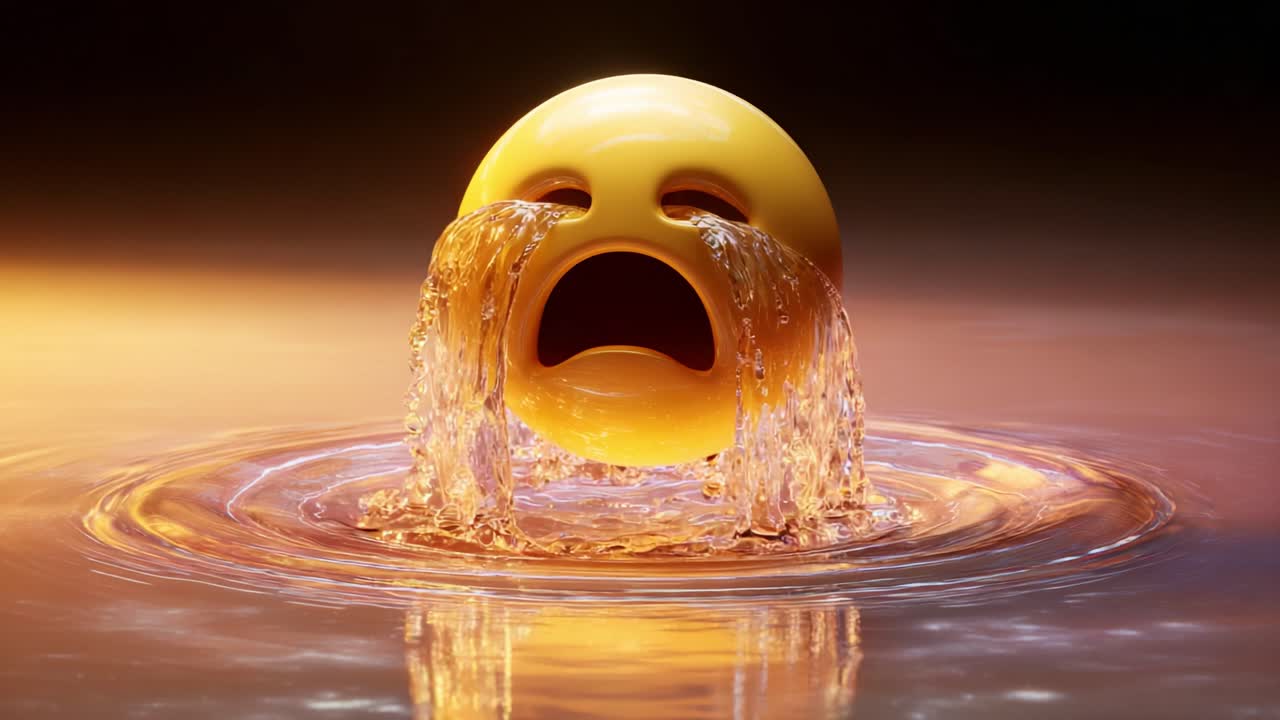 A deeply expressive emoji with a sad face, shedding tears that transform into flowing water, creating waves in a tranquil yet emotional atmosphere, highlighting feelings of sorrow and despair
