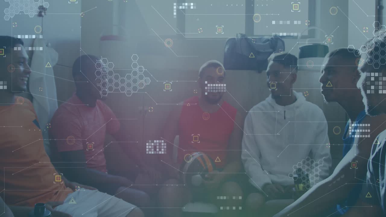 Animation of data processing over diverse football players in changing room