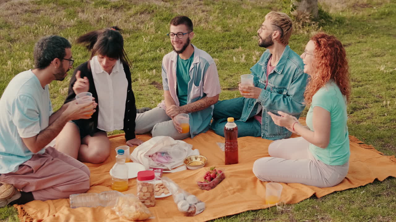 친구 들 이 공원 에서 피크닉 을 즐기고 있다