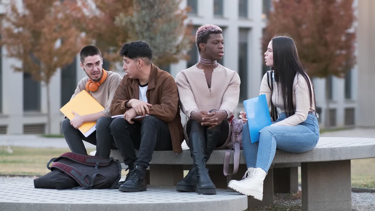 Multicultural group of students talking relaxed sitting outdoors