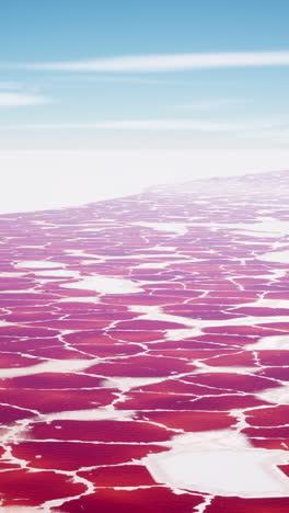 aerial view of a pink salt lake with cracked surface