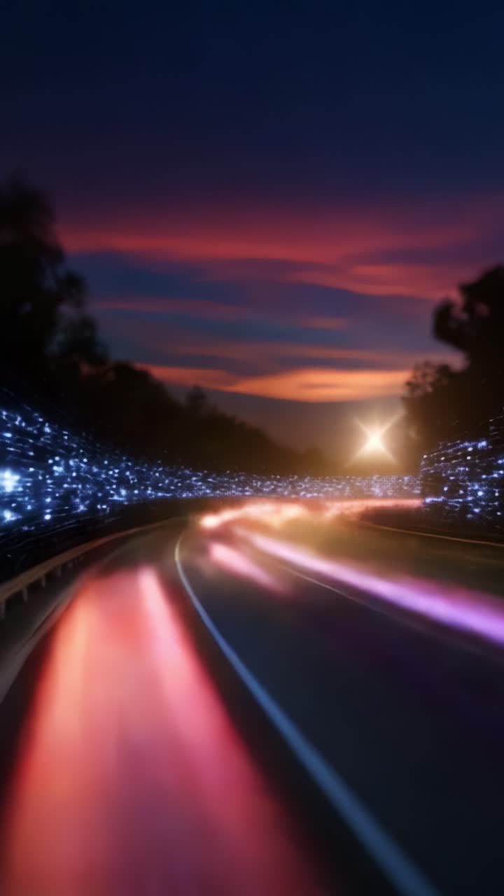 Traffico notturno intenso su una strada tortuosa con luci sfocate e un cielo colorato al tramonto che creano una straordinaria esperienza visiva in movimento