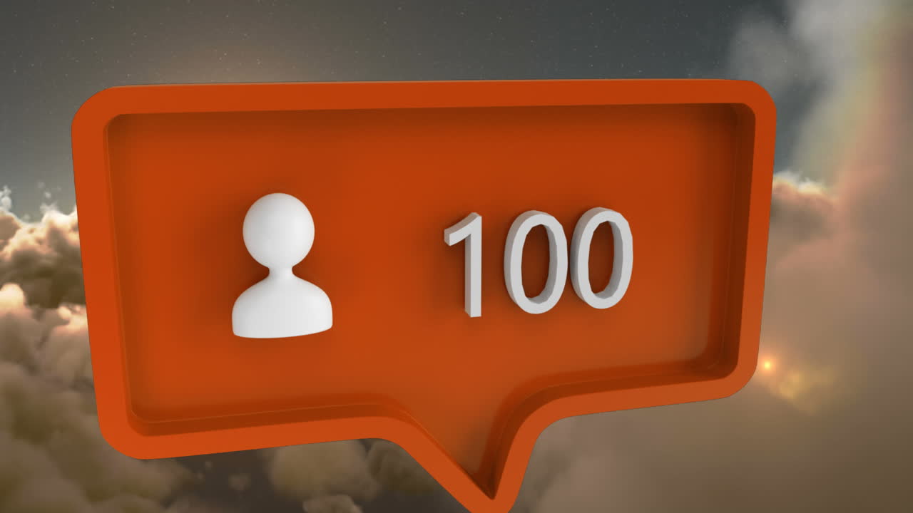 анимация значка людей с цифрами на речевом пузырьке над небом и облаками