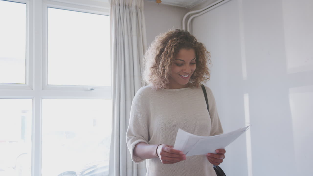 Female First Time Buyer Looking At House Survey In Room To Be Renovated