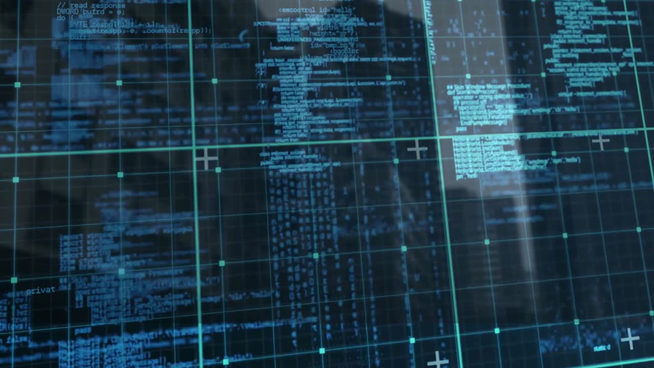 Teal grid overlay streaming across screen, showing glowing nodes and floating blue code snippets