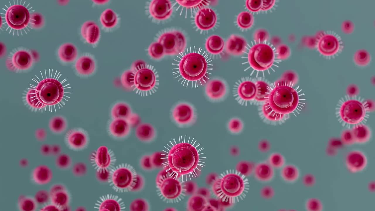 Un'animazione dinamica ravvicinata di particelle di virus rosse che fluttuano in un ambiente verdognolo