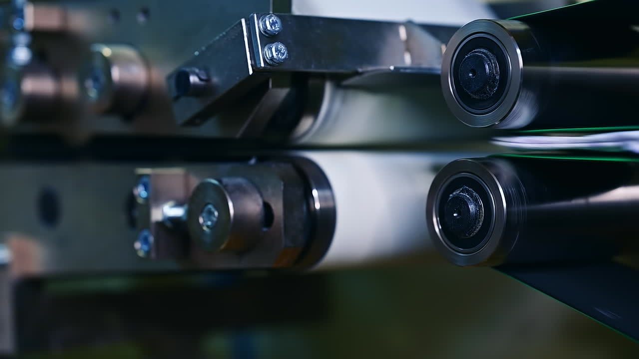 Technological process of diaper producing at the factory. Two stainless steel rollers rotating with non-woven cloth between. Close up.