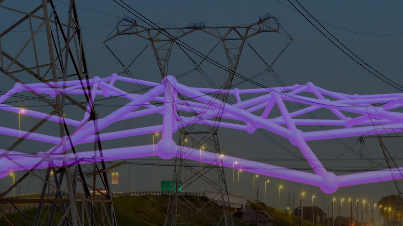 3D render showing high-voltage tower rising on embankment with purple network overlay in dusk sky