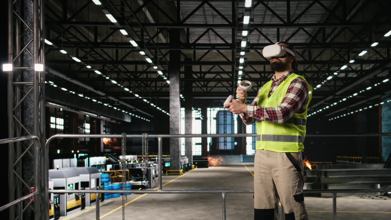 Ingeniero experto con gafas de realidad virtual y un dispositivo realiza una simulación inmersiva.