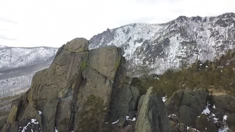 snowy mountain peaks and rock formations