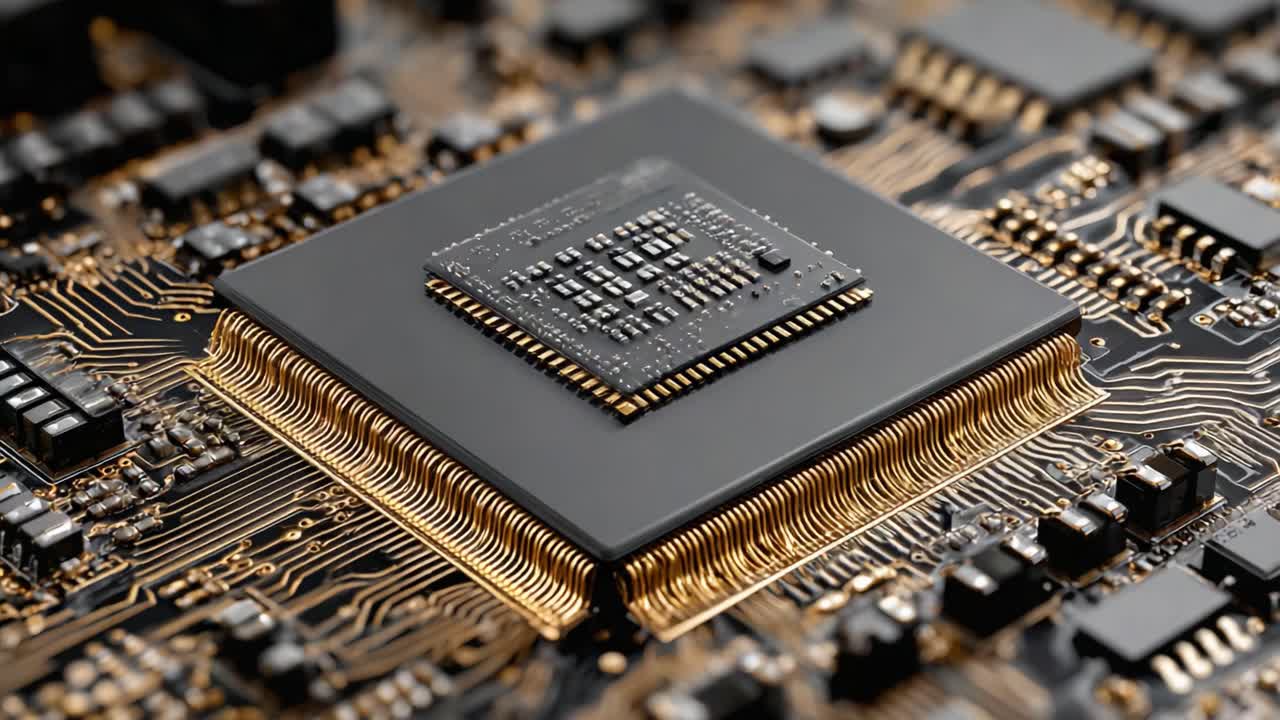 Close-Up of a Modern Microprocessor Integrated into a Complex Circuit Board Featuring Advanced Semiconductor Technology and Intricate Electronic Components
