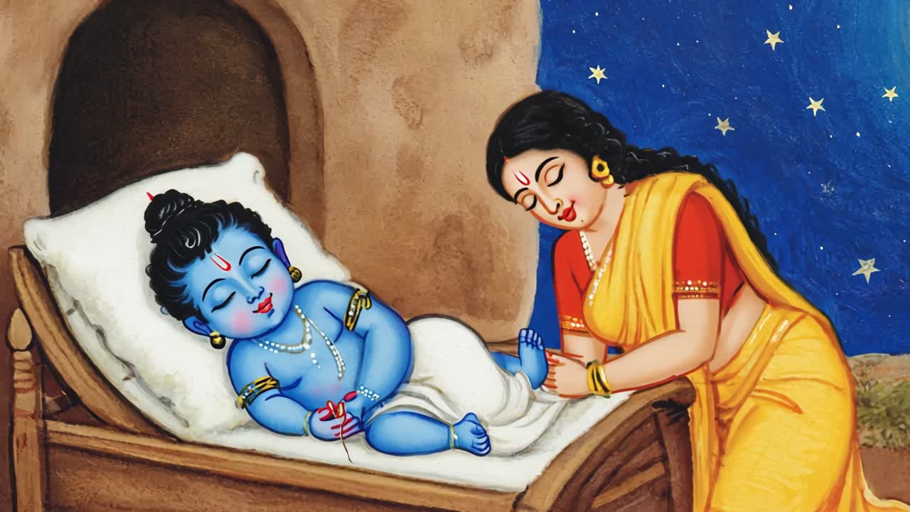 Maternal devotion depicting Yashoda gently massaging infant Krishna, sharing intimate moment of nurturing love under starlit night revealing deep spiritual connection
