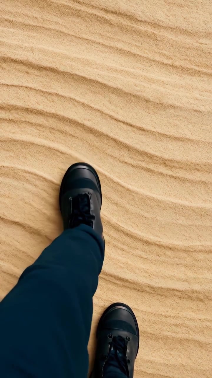 Vista dall'alto di una persona che cammina sulla sabbia increspata