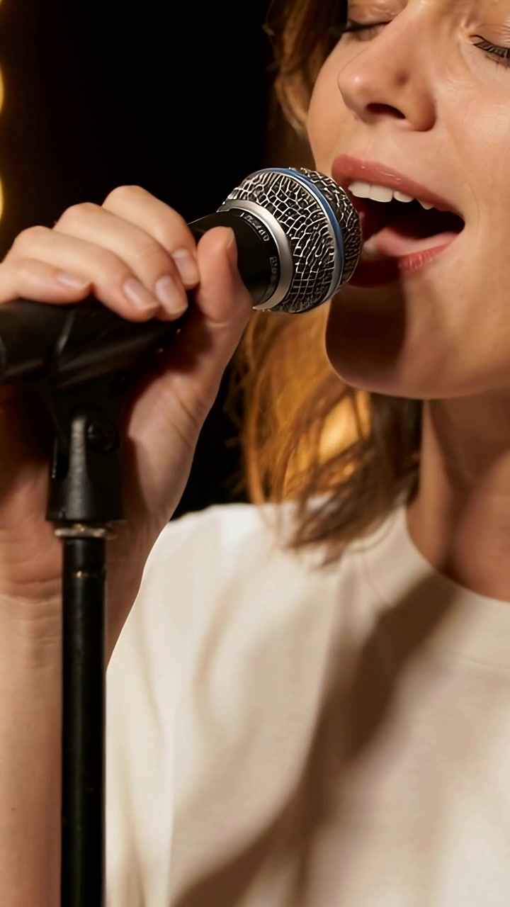 Video verticale: Avvicinando il microfono, una cantante esprime emozioni cantando con un top bianco in studio, tra le lampadine.