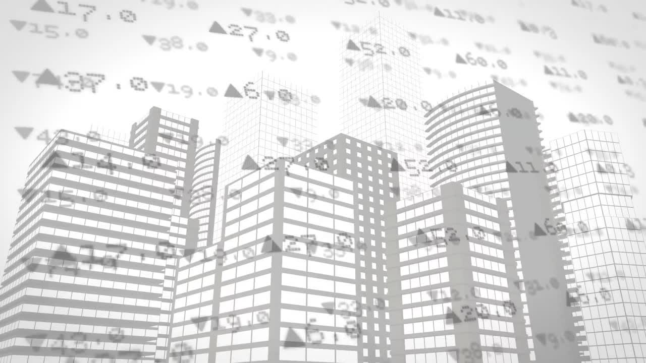 都市風景上の金融データ処理のアニメーション