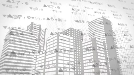 animation of financial data processing over cityscape