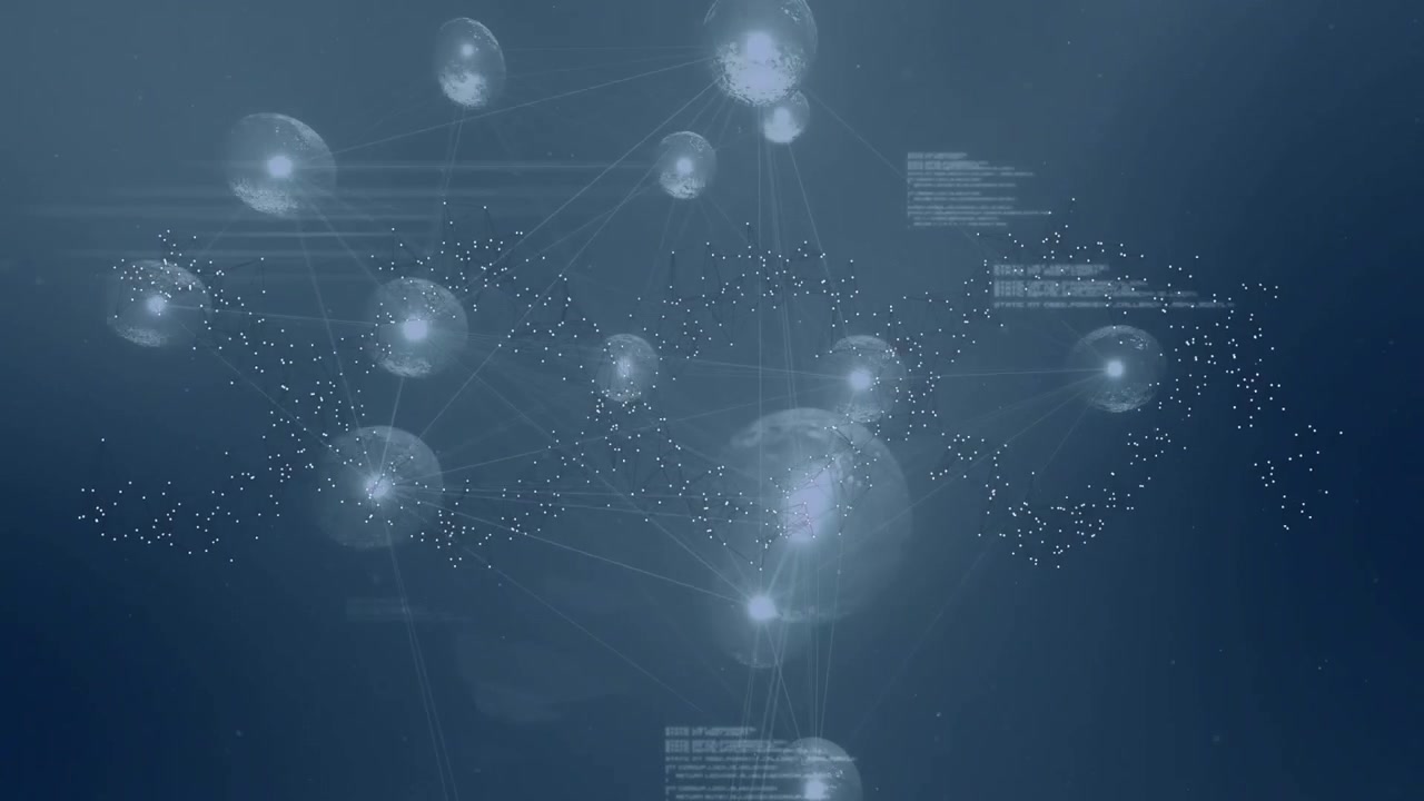 Sphere appearing, spawning spheres, connecting lines, shifting code overlays for data visualization