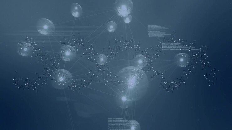 Sphere appearing, spawning spheres, connecting lines, shifting code overlays for data visualization