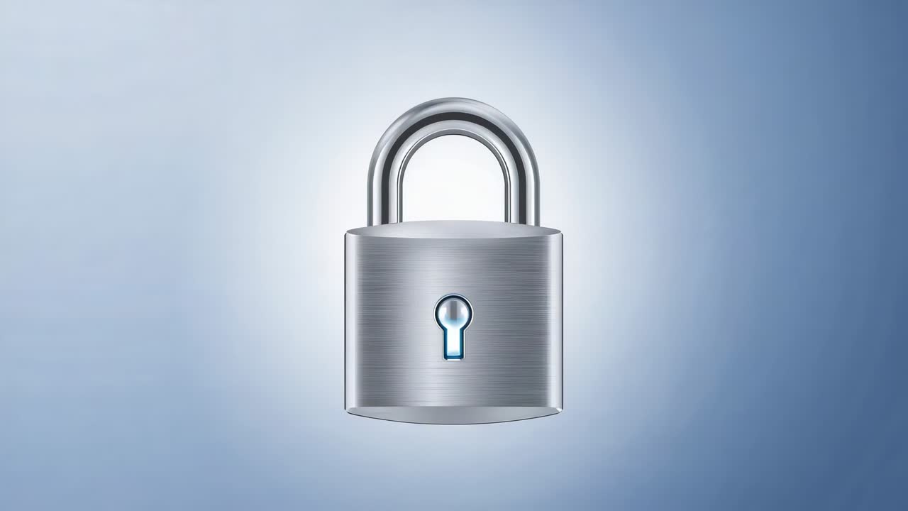 Looping metal padlock pulsing, shifting down on blue backdrop, signaling security with keyhole glow