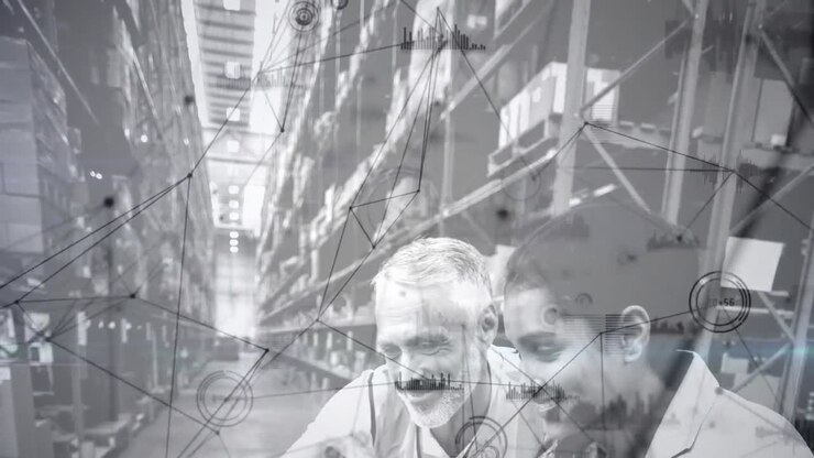 Animation of network of connections over male and female warehouse workers