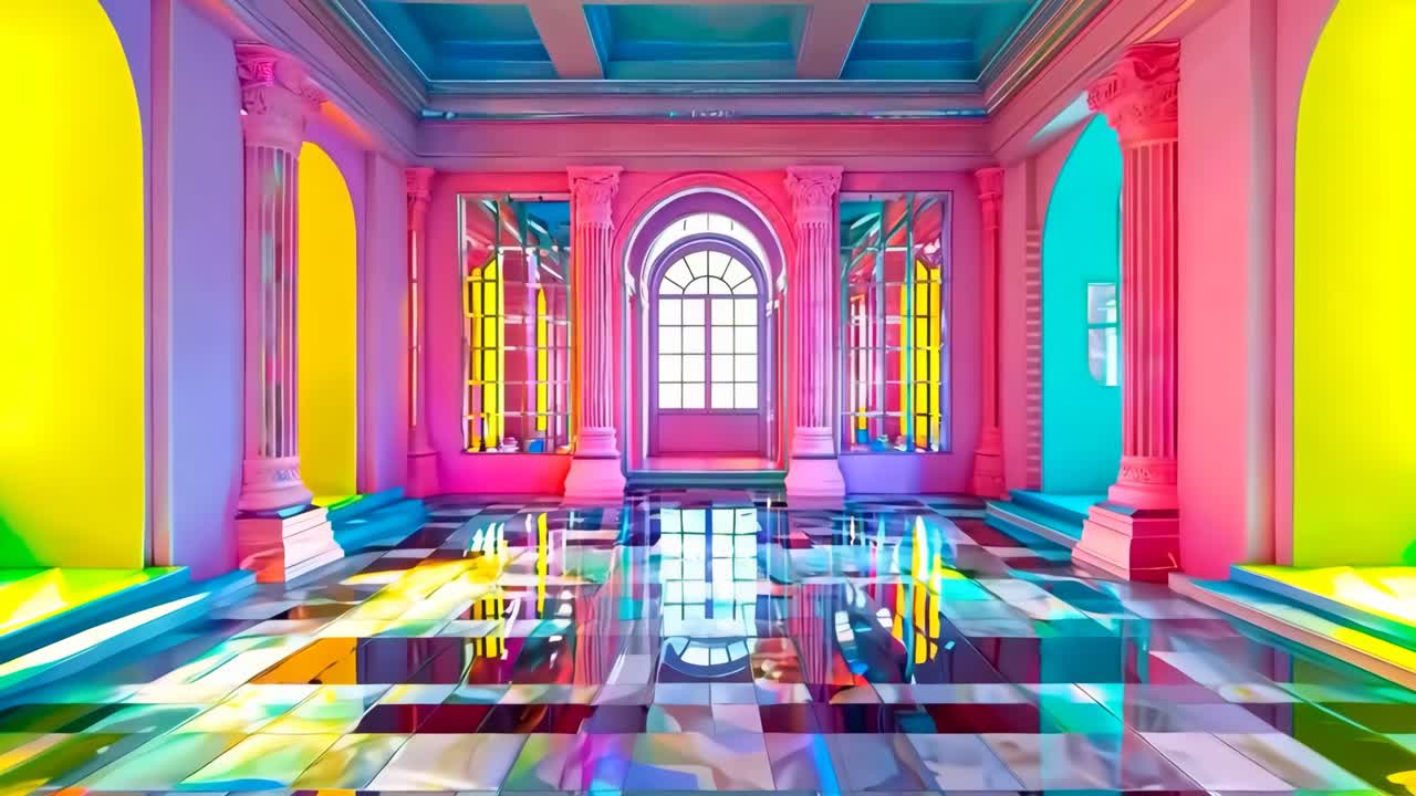 A brightly colored room with a checkered floor and columns