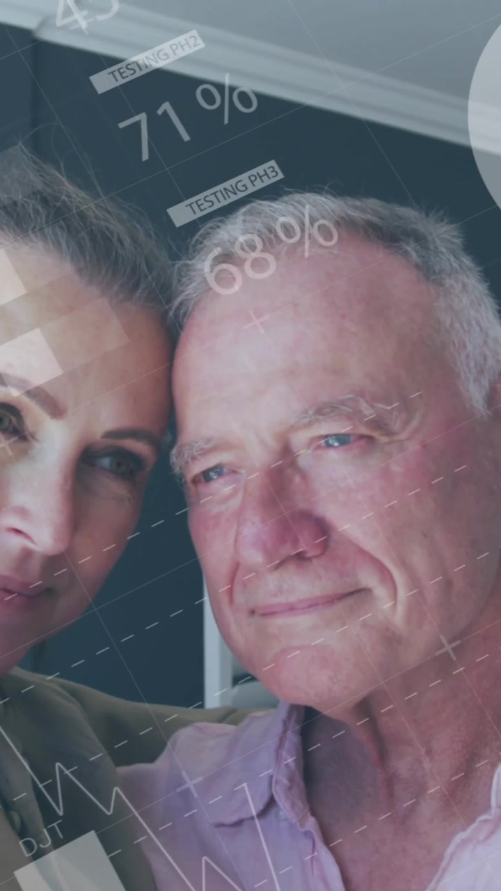 Happy Senior Couple with Digital Financial Data Overlay