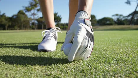 golfer placing golf ball on tee