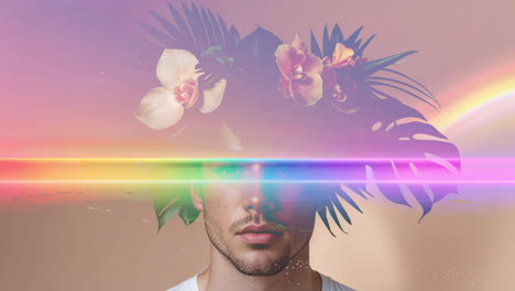 surreal portrait with tropical flora and glitch rainbow effect