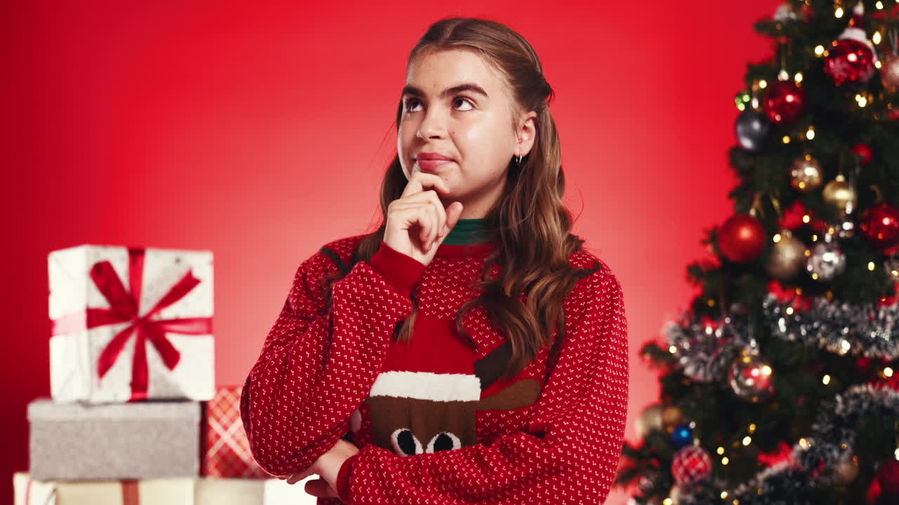 Woman in Christmas sweater with Christmas tree and gifts