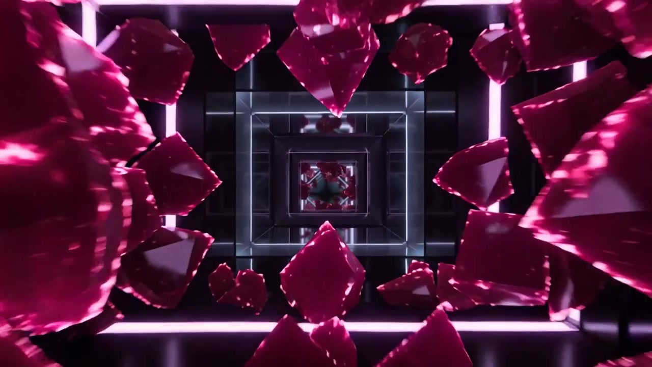 Drifting cut red shard cluster revealing center as camera moving through mirrored tunnel, neon glow