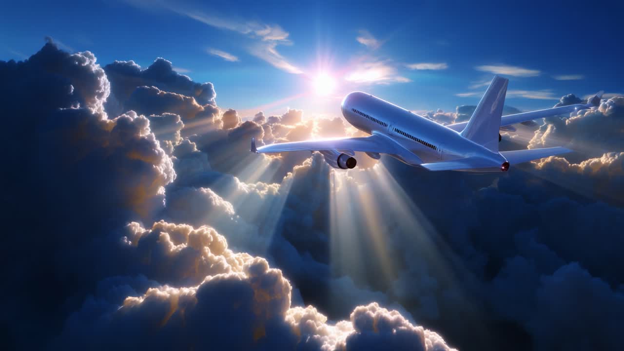 A graceful airplane soaring through a magnificent sky, illuminated by stunning sunlight breaking through fluffy clouds during a beautiful day in flight, showcasing the splendor of aviation and nature combined