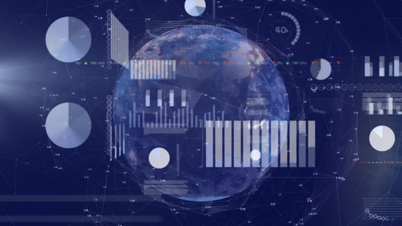 파란색 배경에 대한 회전하는 지구 위의 통계 데이터 처리 인터페이스의 애니메이션