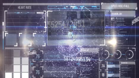 Animation-of-changing-numbers-over-graphs,-loading-circles-against-dots-forming-globes