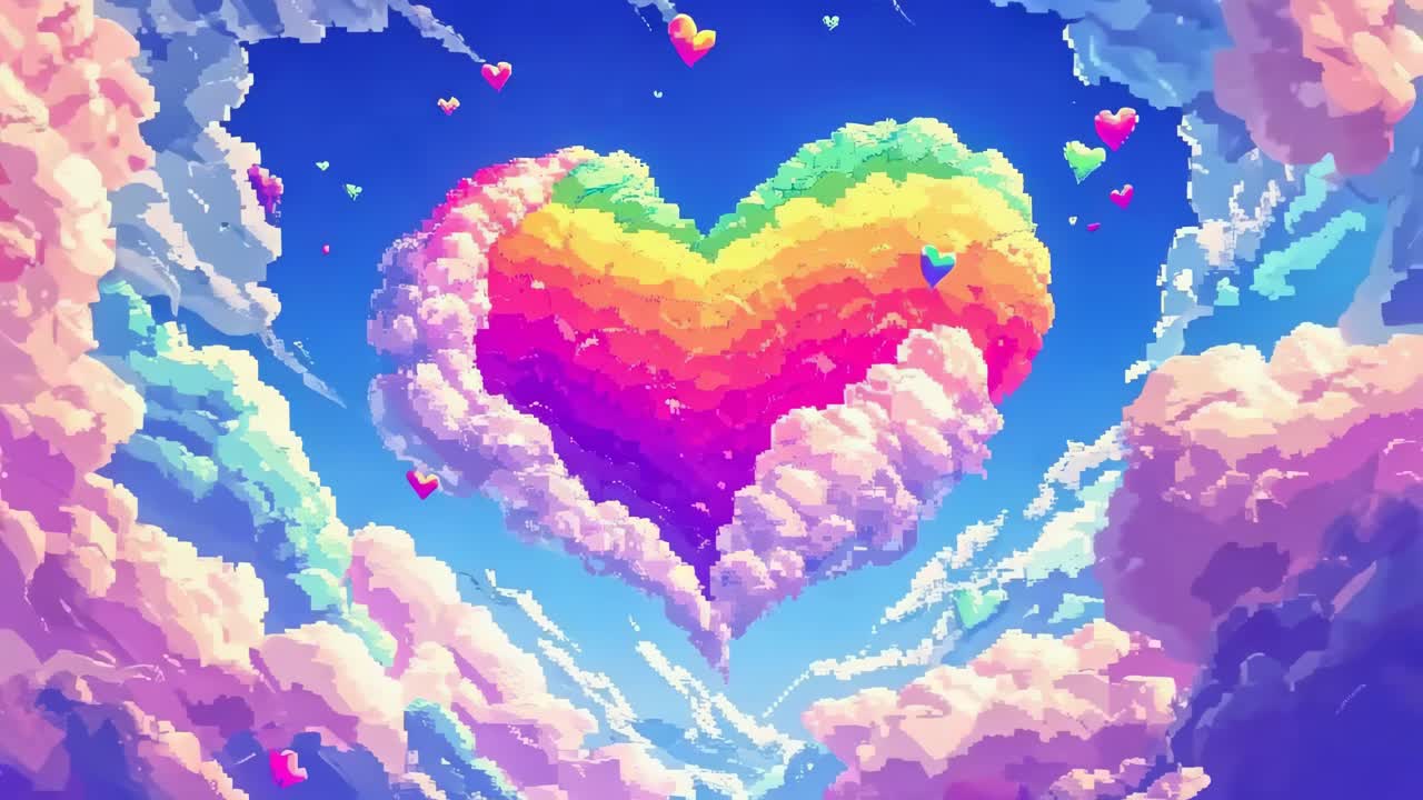 Aerial view of a pixel art rainbow heart-shaped cloud in a vibrant sky, capturing a whimsical, retro